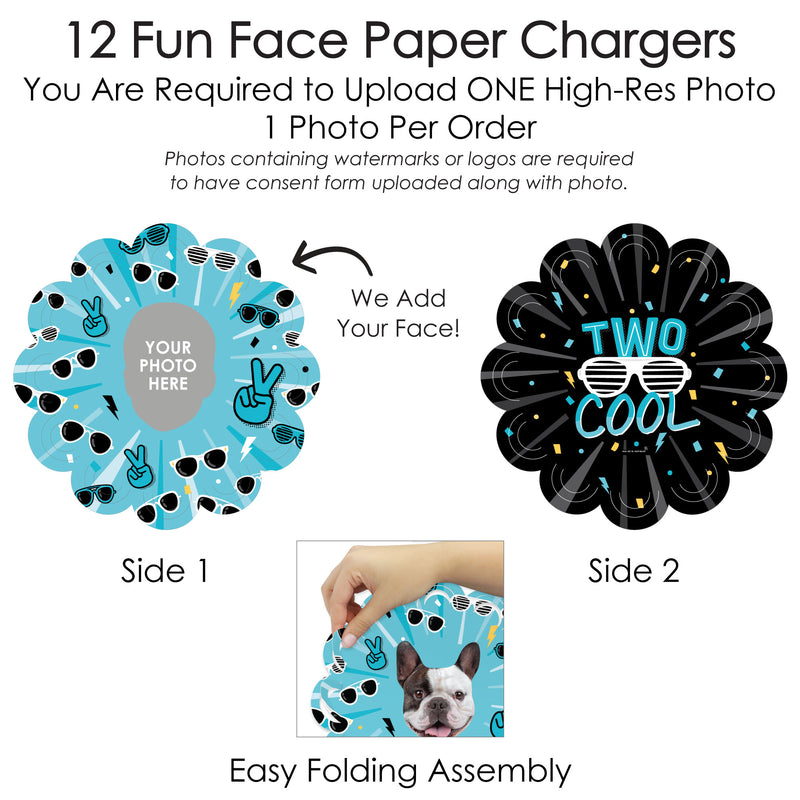 Custom Photo Two Cool - Boy - Blue 2nd Birthday Party Round Table Decorations - Fun Face Paper Chargers - Place Setting For 12