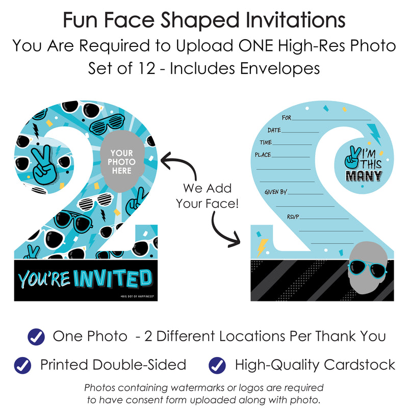 Custom Photo Two Cool - Boy - Blue 2nd Birthday Party Fun Face Shaped Fill-In Invitation Cards with Envelopes - Set of 12