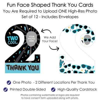 Custom Photo Two Cool - Boy - Blue 2nd Birthday Party Fun Face Shaped Thank You Cards with Envelopes - Set of 12