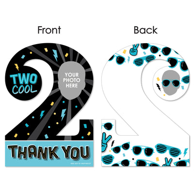 Custom Photo Two Cool - Boy - Blue 2nd Birthday Party Fun Face Shaped Thank You Cards with Envelopes - Set of 12