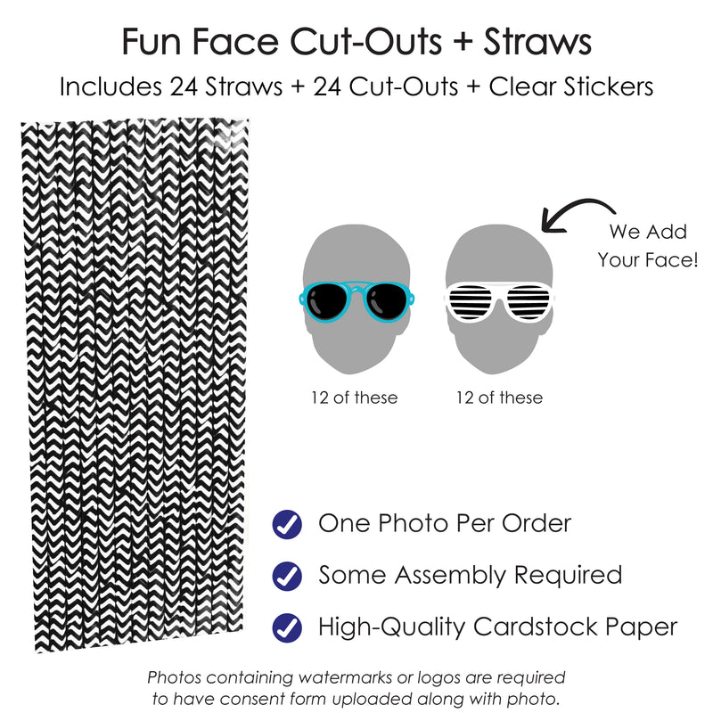 Custom Photo Two Cool - Boy - Blue 2nd Birthday Party Fun Face Paper Straw Decor - Set of 24