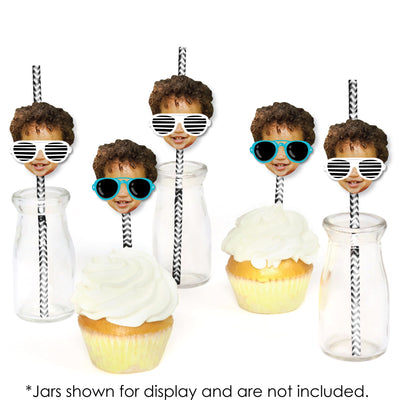 Custom Photo Two Cool - Boy - Blue 2nd Birthday Party Fun Face Paper Straw Decor - Set of 24