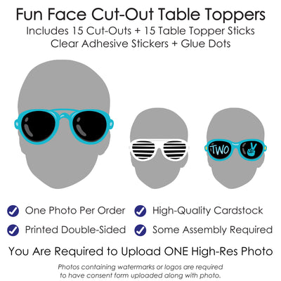 Custom Photo Two Cool - Boy - Blue 2nd Birthday Party Centerpiece Sticks - Fun Face Table Toppers - Set of 15