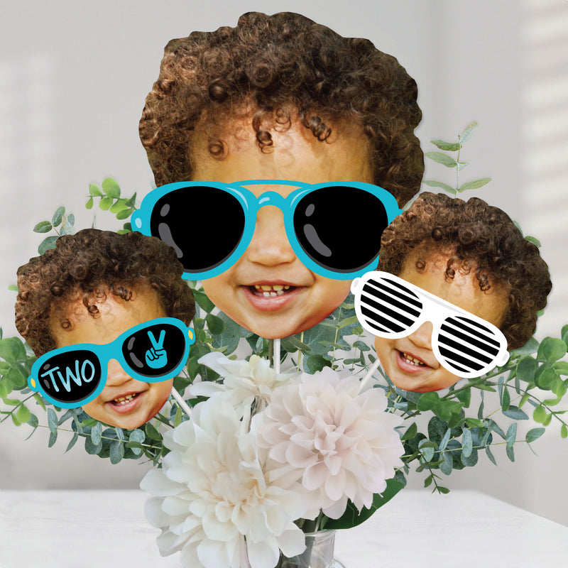 Custom Photo Two Cool - Boy - Blue 2nd Birthday Party Centerpiece Sticks - Fun Face Table Toppers - Set of 15