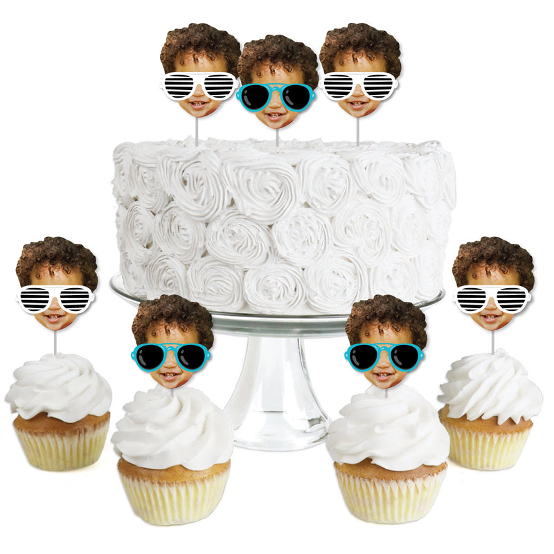 Custom Photo Two Cool - Boy - Blue 2nd Birthday Party Dessert Cupcake Toppers - Fun Face Clear Treat Picks - Set of 24