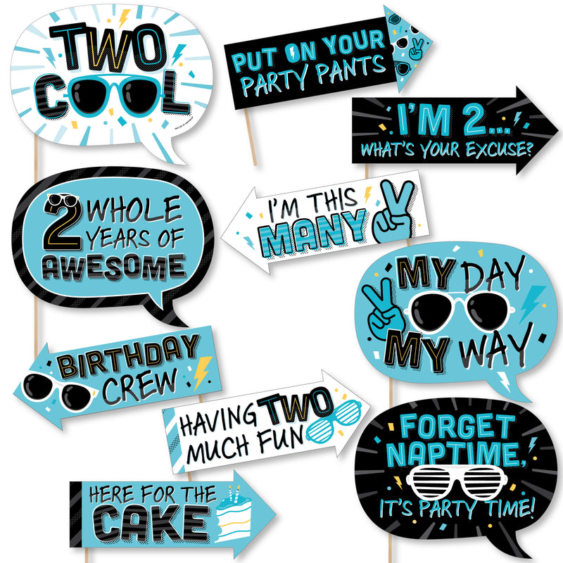 Funny Two Cool - Boy - Blue 2nd Birthday Party Photo Booth Props Kit - 10 Piece