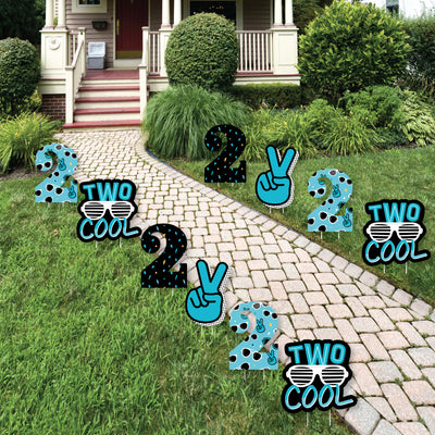 Two Cool - Boy - Peace Sign and Number 2 Lawn Decorations - Outdoor Blue 2nd Birthday Party Yard Decorations - 10 Piece