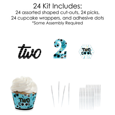 Two Cool - Boy - Cupcake Decoration - Blue 2nd Birthday Party Cupcake Wrappers and Treat Picks Kit - Set of 24
