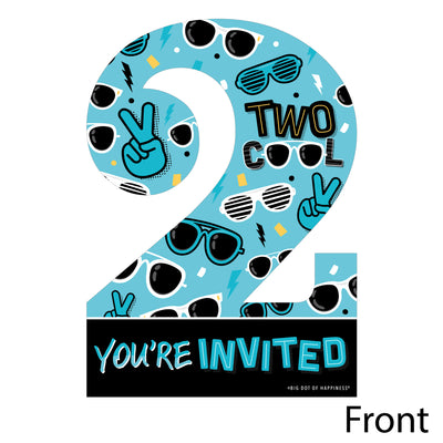 Two Cool - Boy - Shaped Fill-In Invitations - Blue 2nd Birthday Party Invitation Cards with Envelopes - Set of 12