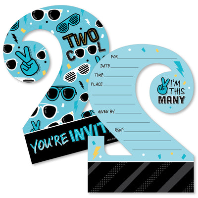 Two Cool - Boy - Shaped Fill-In Invitations - Blue 2nd Birthday Party Invitation Cards with Envelopes - Set of 12