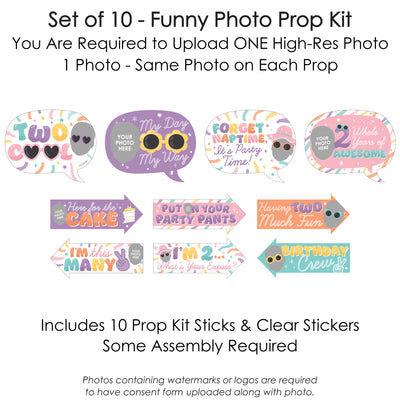 Custom Photo Funny Two Cool - Girl - Pastel 2nd Birthday Party Fun Face Photo Booth Props Kit - 10 Piece