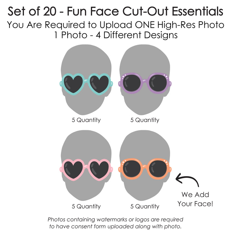 Custom Photo Two Cool - Girl - Fun Face Decorations DIY Pastel 2nd Birthday Party Essentials - Set of 20