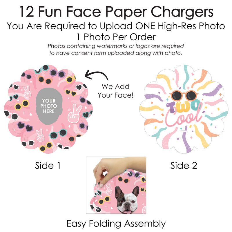 Custom Photo Two Cool - Girl - Pastel 2nd Birthday Party Round Table Decorations - Fun Face Paper Chargers - Place Setting For 12