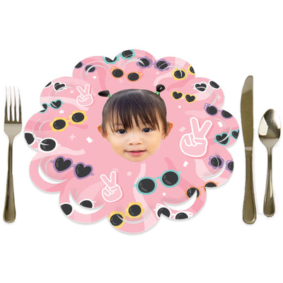 Custom Photo Two Cool - Girl - Pastel 2nd Birthday Party Round Table Decorations - Fun Face Paper Chargers - Place Setting For 12