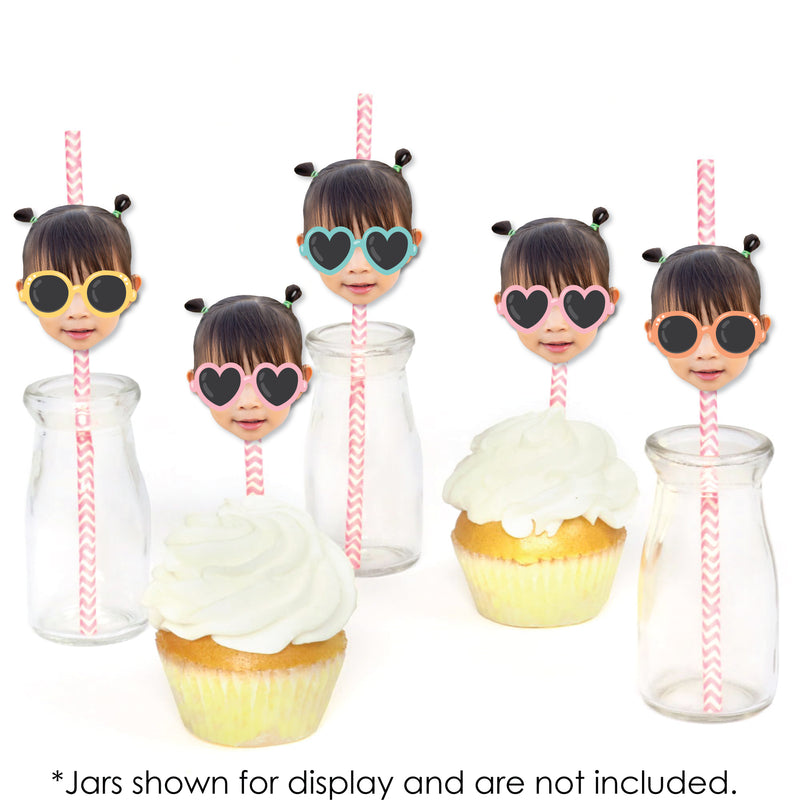 Custom Photo Two Cool - Girl - Pastel 2nd Birthday Party Fun Face Paper Straw Decor - Set of 24