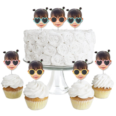 Custom Photo Two Cool - Girl - Pastel 2nd Birthday Party Dessert Cupcake Toppers - Fun Face Clear Treat Picks - Set of 24