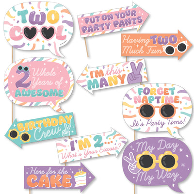 Funny Two Cool - Girl - Pastel 2nd Birthday Party Photo Booth Props Kit - 10 Piece