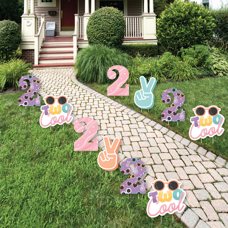 Two Cool - Girl - Peace Sign and Number 2 Lawn Decorations - Outdoor Pastel 2nd Birthday Party Yard Decorations - 10 Piece