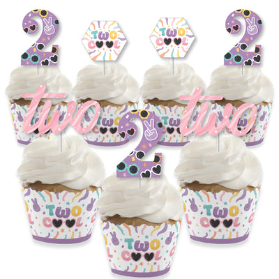 Two Cool - Girl - Cupcake Decoration - Pastel 2nd Birthday Party Cupcake Wrappers and Treat Picks Kit - Set of 24