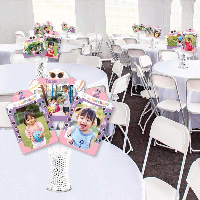 Two Cool - Girl - Pastel 2nd Birthday Party Picture Centerpiece Sticks - Photo Table Toppers - 15 Pieces