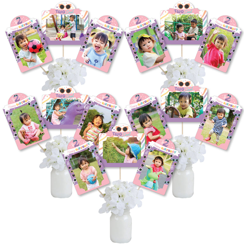 Two Cool - Girl - Pastel 2nd Birthday Party Picture Centerpiece Sticks - Photo Table Toppers - 15 Pieces