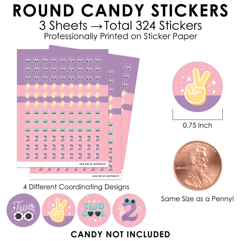 Two Cool - Girl - Pastel 2nd Birthday Party Small Round Candy Stickers - Party Favor Labels - 324 Count