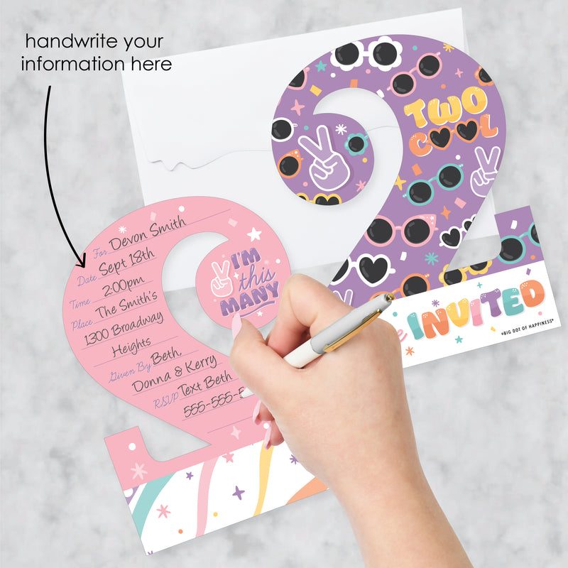 Two Cool - Girl - Shaped Fill-In Invitations - Pastel 2nd Birthday Party Invitation Cards with Envelopes - Set of 12
