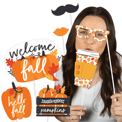 Fall Pumpkin - Halloween or Thanksgiving Party Photo Booth Props Kit - 20 Count
