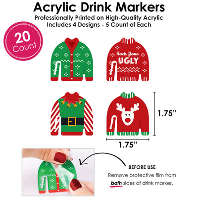 Ugly Sweater - Holiday and Christmas Party Wine Glass Charms - Acrylic Drink Markers - Set of 20