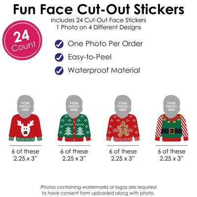 Custom Photo Ugly Sweater - Holiday and Christmas Party Favors - Fun Face Cut-Out Stickers - Set of 24