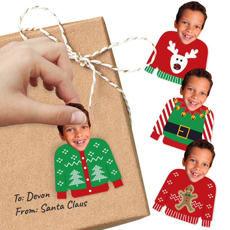 Custom Photo Ugly Sweater - Holiday and Christmas Party Favors - Fun Face Cut-Out Stickers - Set of 24