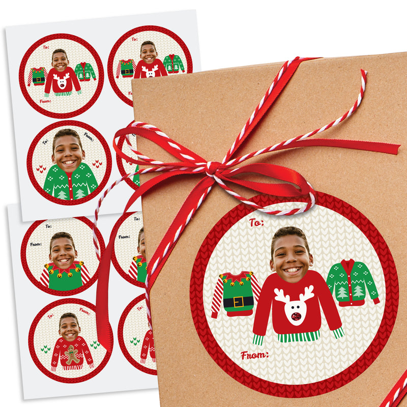 Custom Photo Ugly Sweater - Holiday and Christmas Party Round To and From Gift Tags - Fun Face Large Stickers - Set of 8