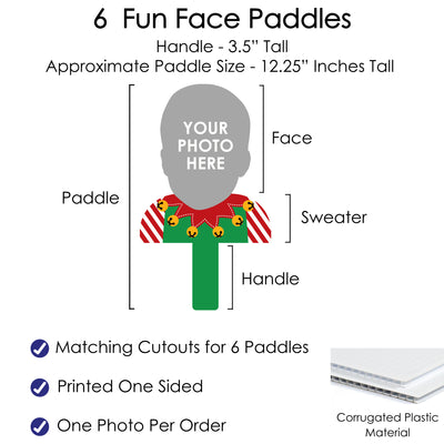 Custom Photo Ugly Sweater - Holiday and Christmas Party Head Cut Out Photo Booth and Fan Props - Fun Face Cutout Paddles - Set of 6