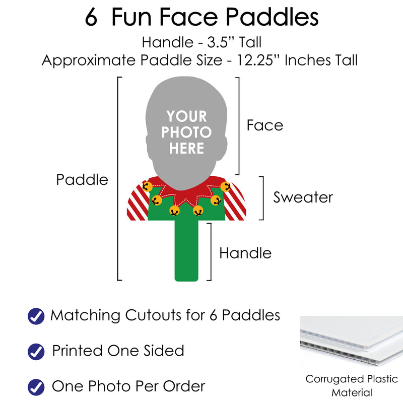 Custom Photo Ugly Sweater - Holiday and Christmas Party Head Cut Out Photo Booth and Fan Props - Fun Face Cutout Paddles - Set of 6