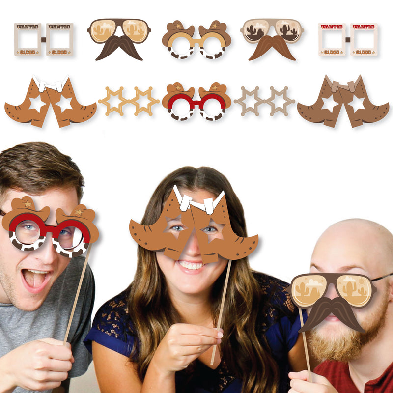 Western Hoedown Glasses and Masks - Paper Card Stock Wild West Cowboy Party Photo Booth Props Kit - 10 Count