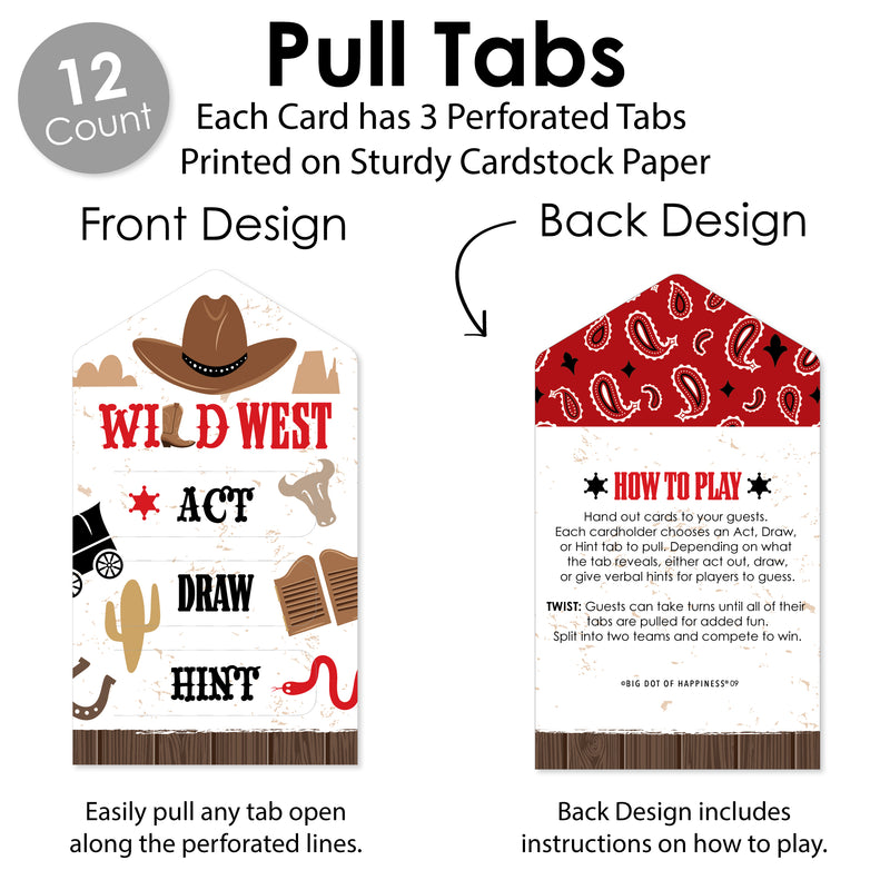 Western Hoedown - Wild West Cowboy Party Game Pickle Cards - Act, Draw, Hint Pull Tabs - Set of 12