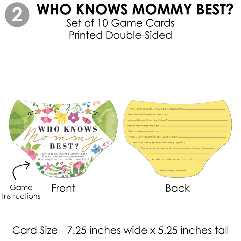 Wildflowers Baby - 4 Boho Floral Baby Shower Games - 10 Cards Each - Who Knows Mommy Best, Mommy or Daddy Quiz, What’s in Your Purse and Oh Baby - Gamerific Bundle