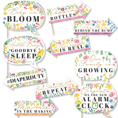 Funny Wildflowers Baby - Boho Floral Baby Shower Photo Booth Props Kit - 10 Piece