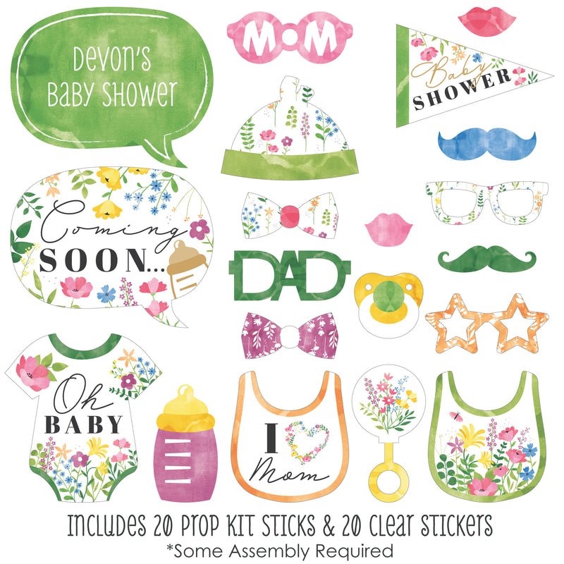 Wildflowers Baby - Boho Floral Baby Shower Photo Booth Props Kit - 20 Count