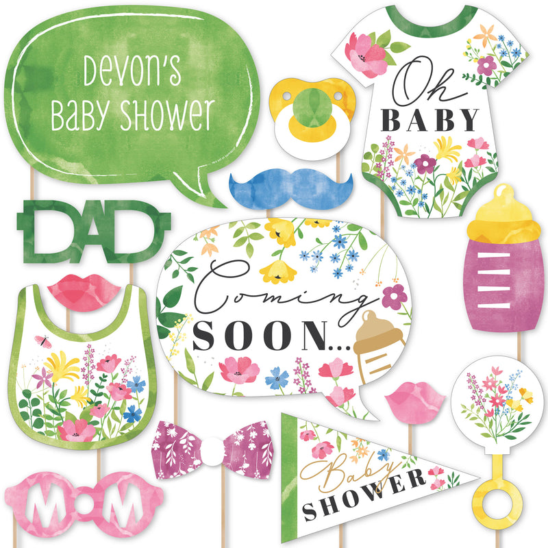 Wildflowers Baby - Boho Floral Baby Shower Photo Booth Props Kit - 20 Count