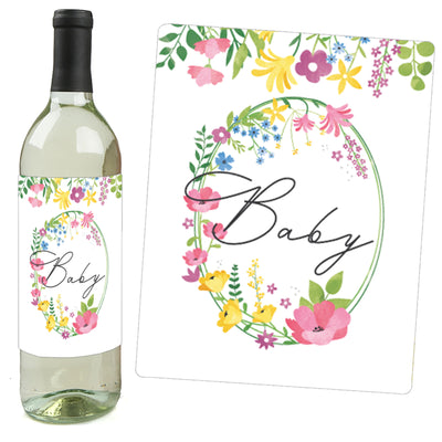 Wildflowers Baby - Boho Floral Baby Shower Decorations for Women and Men - Wine Bottle Label Stickers - Set of 4