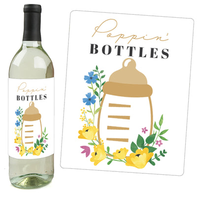 Wildflowers Baby - Boho Floral Baby Shower Decorations for Women and Men - Wine Bottle Label Stickers - Set of 4