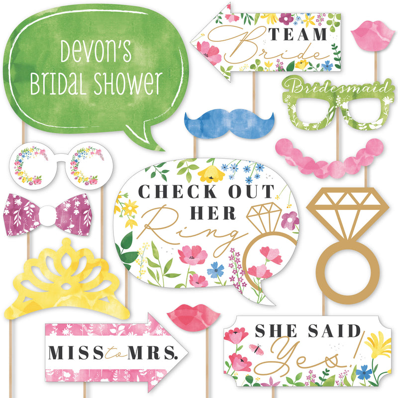 Wildflowers Bride - Boho Floral Bridal Shower and Wedding Party Photo Booth Props Kit - 20 Count