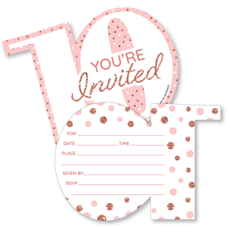 10th Pink Rose Gold Birthday - Shaped Fill-In Invitations - Happy Birthday Party Invitation Cards with Envelopes - Set of 12