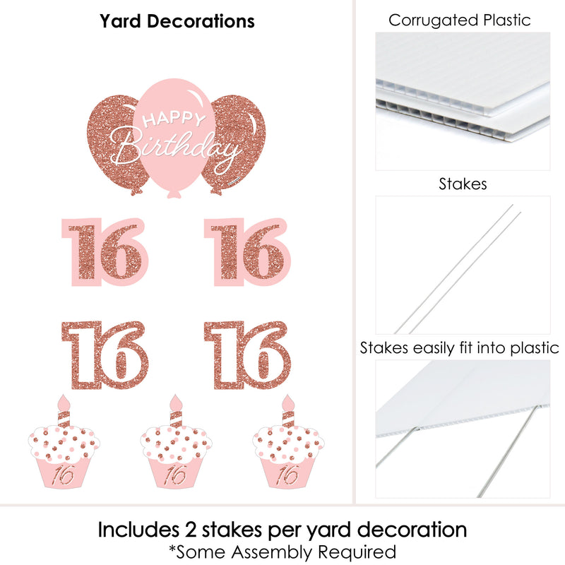 16th Pink Rose Gold Birthday - Yard Sign and Outdoor Lawn Decorations - Happy Birthday Party Yard Signs - Set of 8