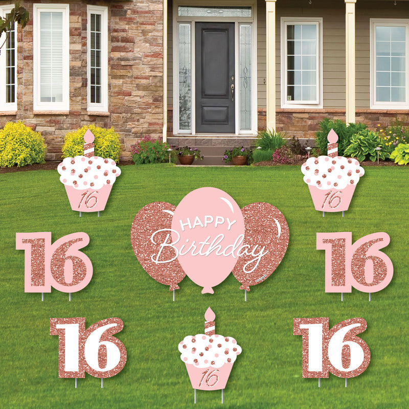 16th Pink Rose Gold Birthday - Yard Sign and Outdoor Lawn Decorations - Happy Birthday Party Yard Signs - Set of 8