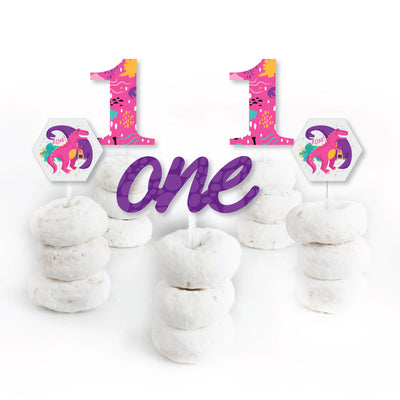 1st Birthday Roar Dinosaur Girl - Dessert Cupcake Toppers - ONEasaurus Dino First Birthday Party Clear Treat Picks - Set of 24