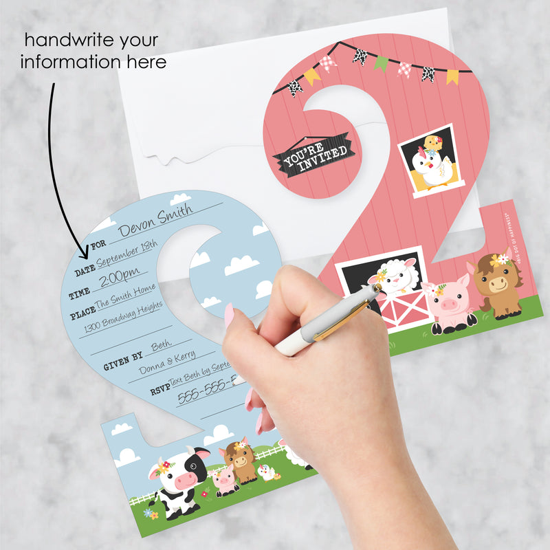 2nd Birthday Girl Farm Animals - Shaped Fill-In Invitations - Pink Barnyard Second Birthday Party Invitation Cards with Envelopes - Set of 12