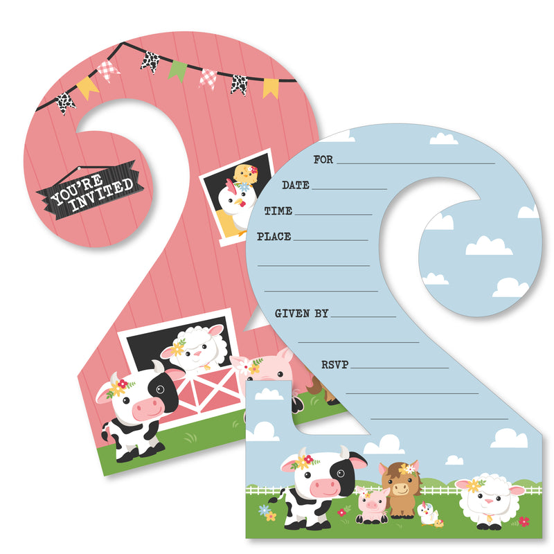2nd Birthday Girl Farm Animals - Shaped Fill-In Invitations - Pink Barnyard Second Birthday Party Invitation Cards with Envelopes - Set of 12