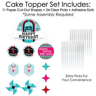 50's Sock Hop - 1950s Rock N Roll Birthday Party Cake Decorating Kit - Happy Birthday Cake Topper Set - 11 Pieces